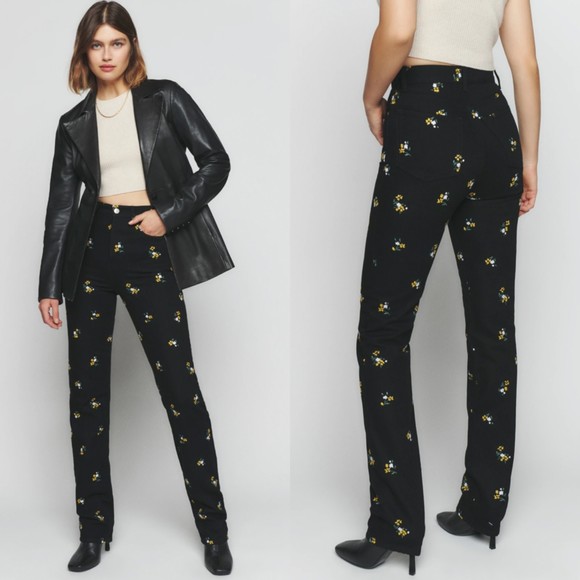 NEW Reformation Cynthia High Rise Straight Long Floral Jeans in Black Si… - Picture 1 of 11